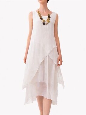 Sleeveless Asymmetrical White Layered Midi Dress